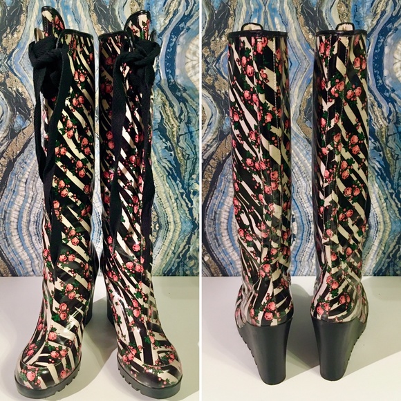 SOLD Betseyville Betsey Johnson Tall Knee Wedge Rain Boots Animal Floral Roses - Picture 3 of 7